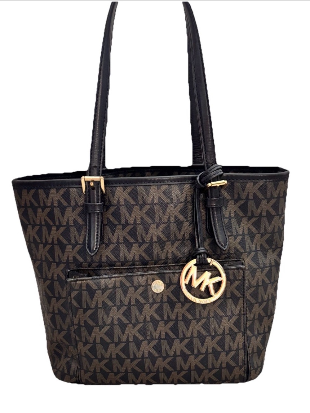Michael Kors Signature Leather Jet Set Snap Pocket Medium Zip Tote Bag Monogram